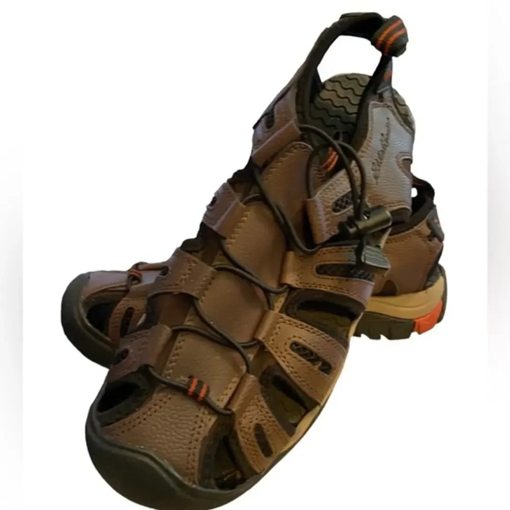 Eddie Bauer Troy Sandals Men’s Size 9 Toe Bump Bungee Brown Cinch Hiking Walking